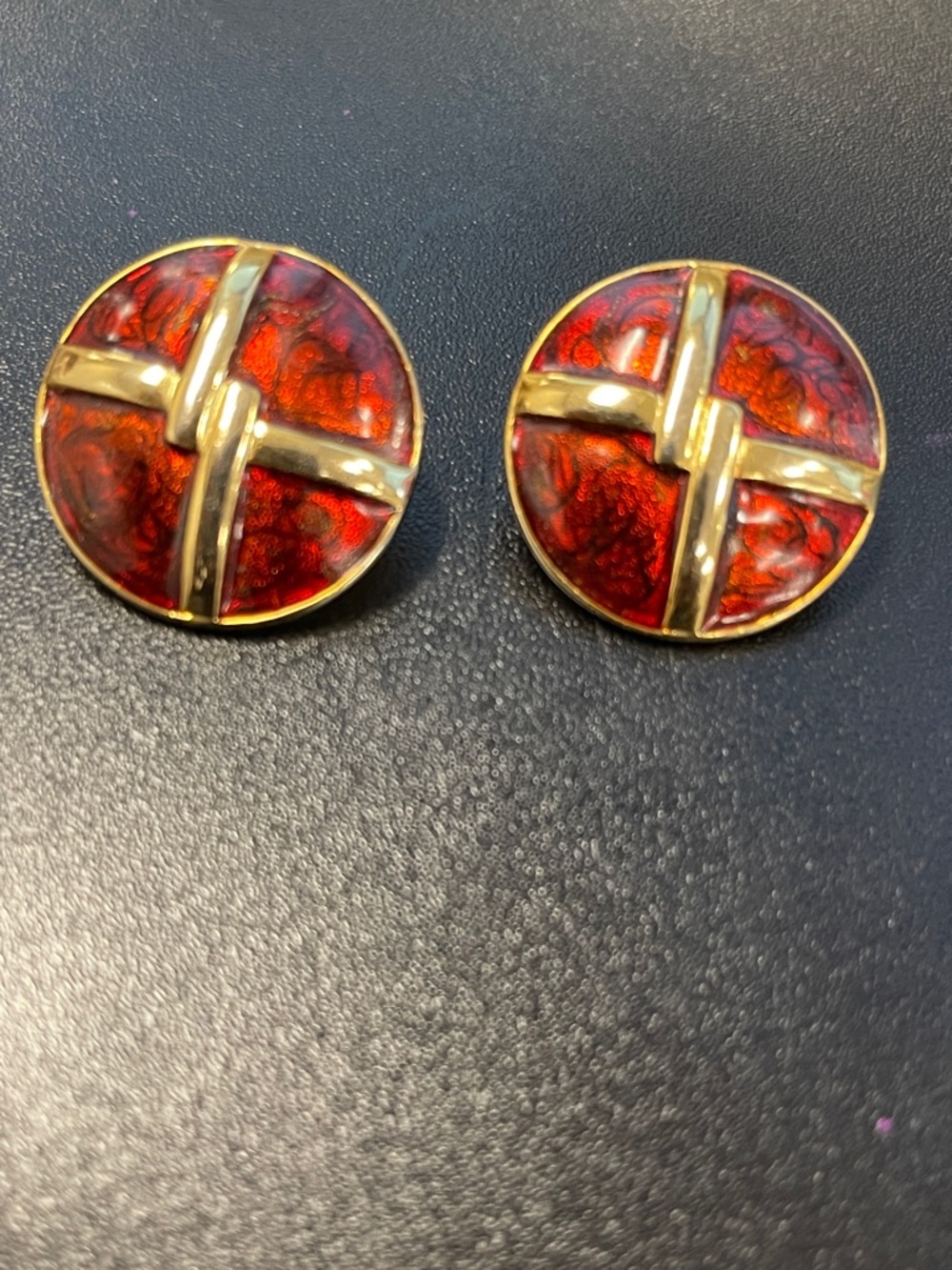 Gold Cross Accent Red Enamel Button Earrings - Women Jewelry